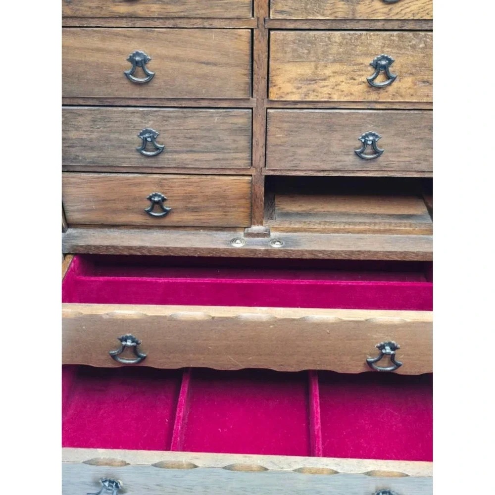 Vintage Wooden Jewelry Armoire Chest Spindle Door 10 Drawer Tabletop musical